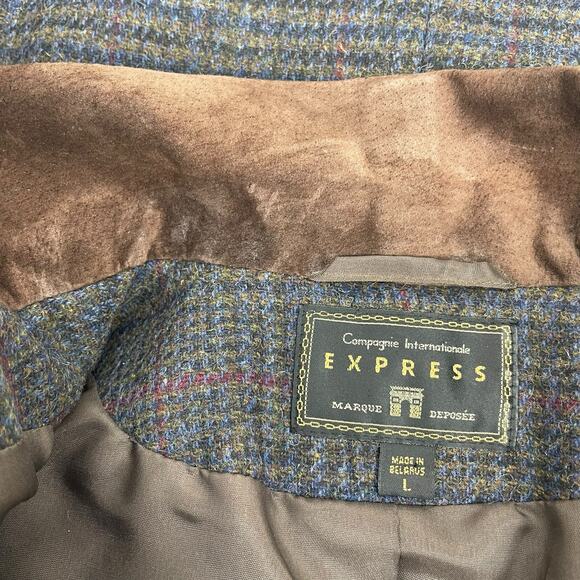 Express Suede Collar Wool Plaid Blazer Jacket Suede Gray Brown Size L - Picture 10 of 11